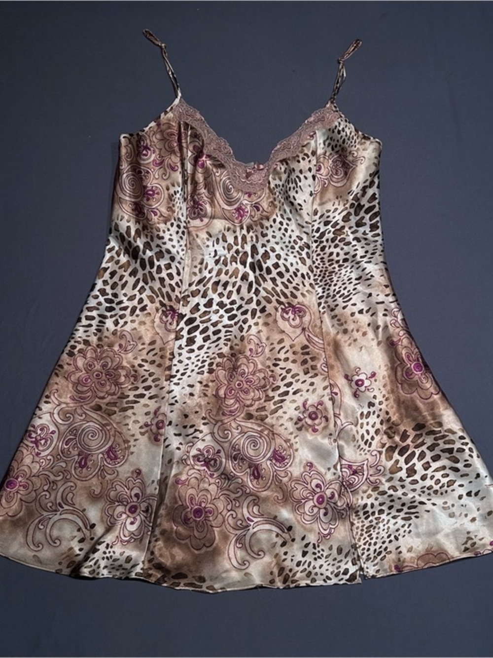Y2K Delicates Satin Abstract Animal Print Slip Dress with Tie Details on Straps